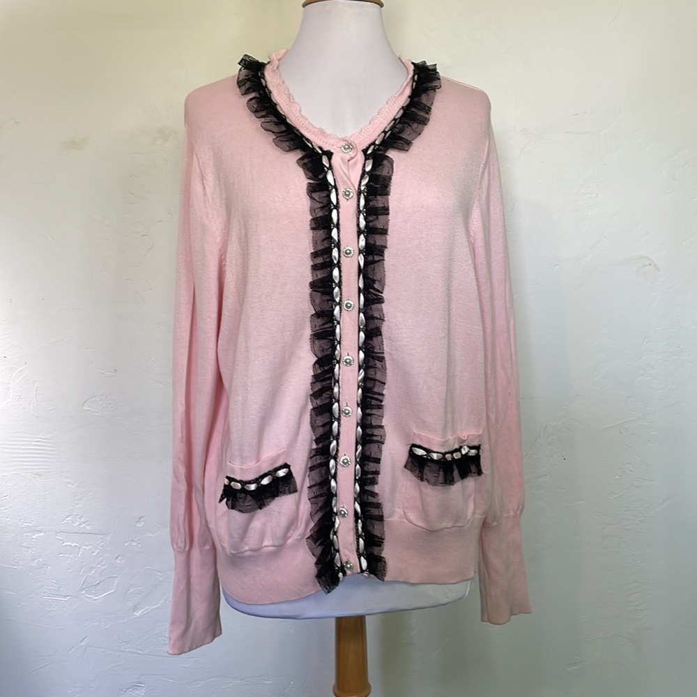 BEREK by Takahe Sakor Pink Knit Cardigan Black Lace Rhinestone Pearl Buttons